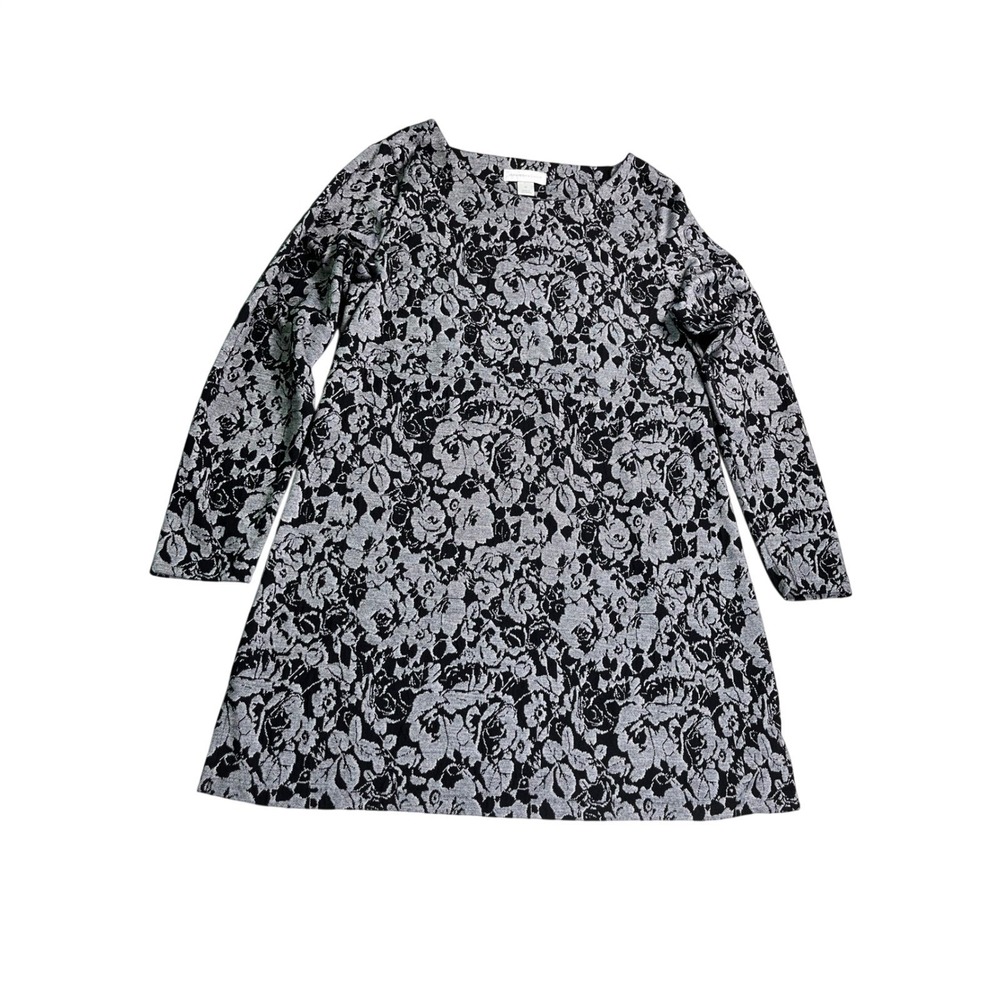 Christopher & Banks Womens Medium Floral Knit Dress Black White Long Sleeve